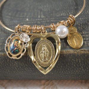 Religious Charm Bangle Bracelet Repurposed #6134